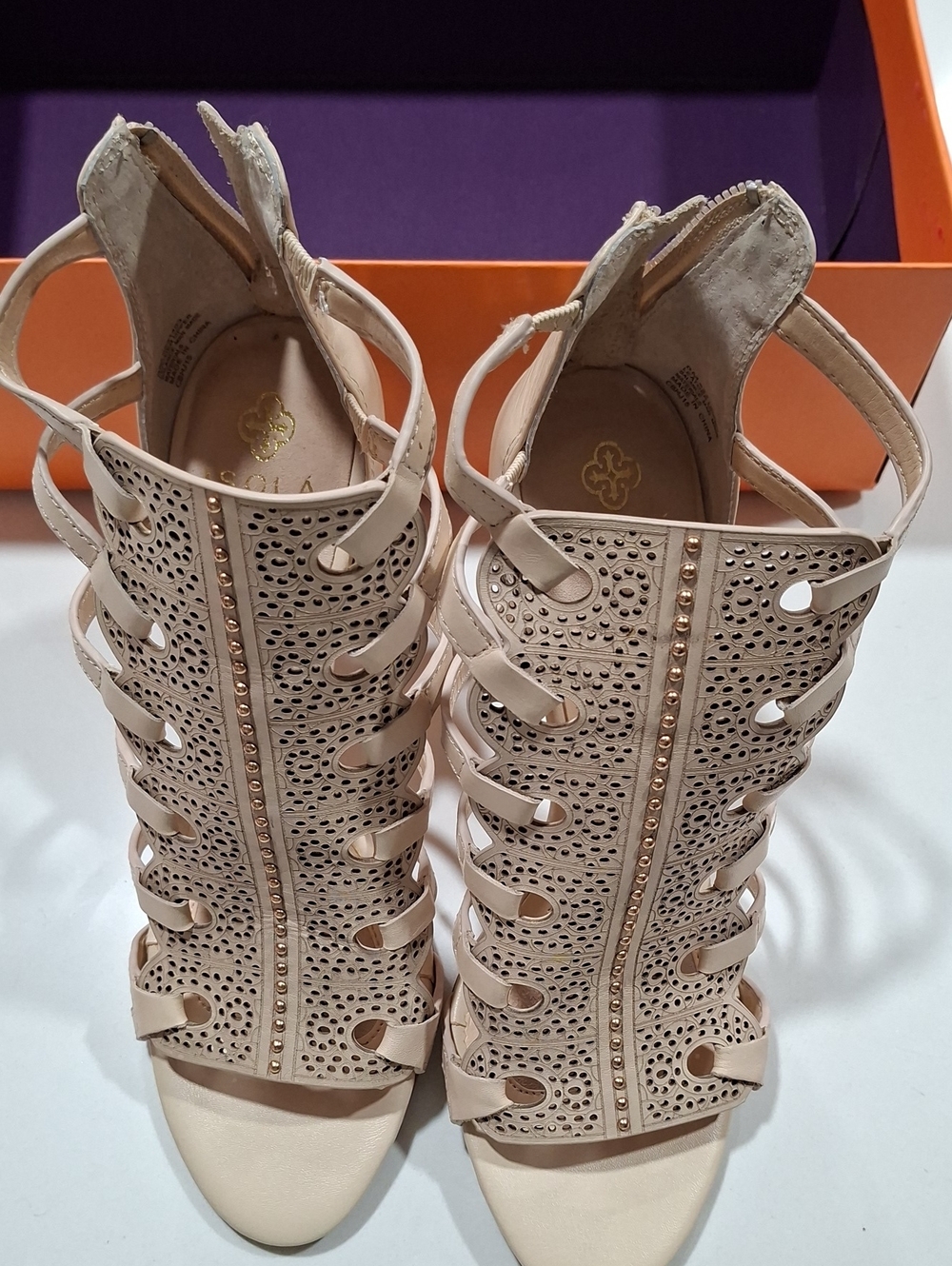 Women's Beige Perforated Strappy Heeled Sandals